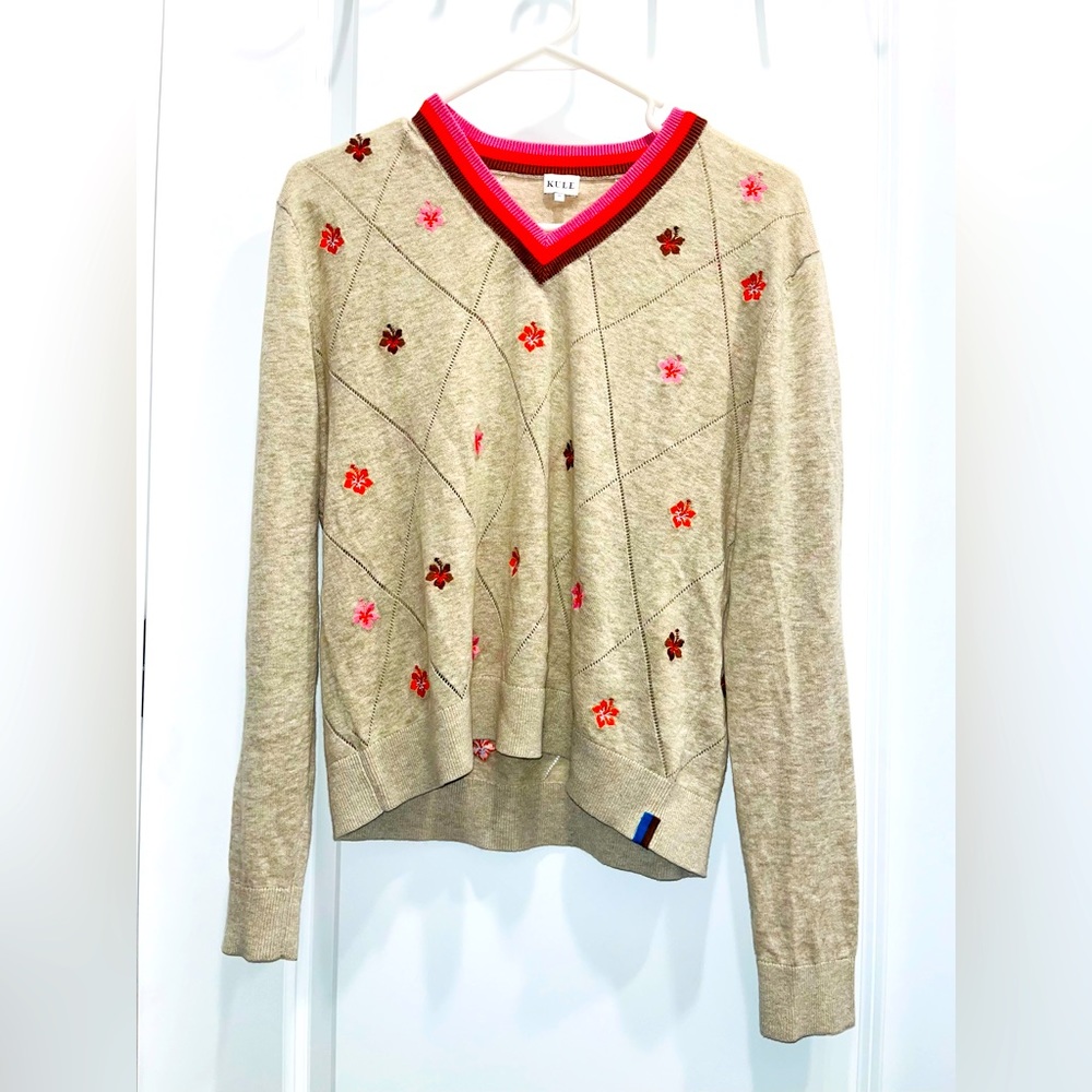 KULE Beige V-Neck Sweater with Red and Pink Accents